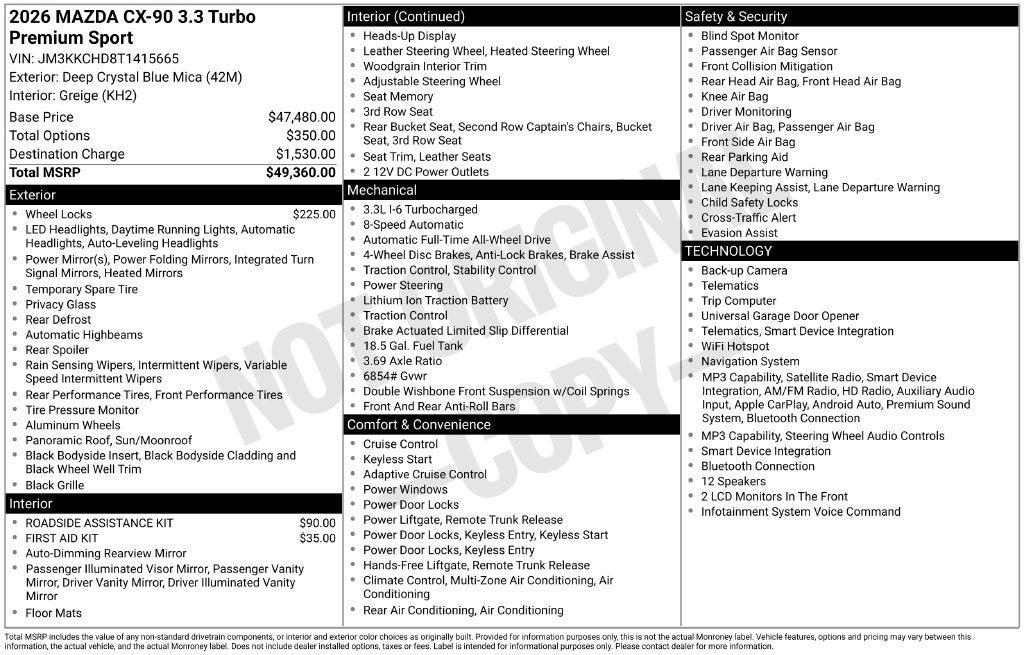 2026 Mazda Mazda CX-90 3.3 Turbo Premium Sport AWD